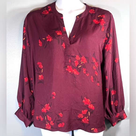Ava & Viv Burgundy Floral Blouse Women’s Plus Size 2X Long Sleeve Split Neck - Picture 3 of 11